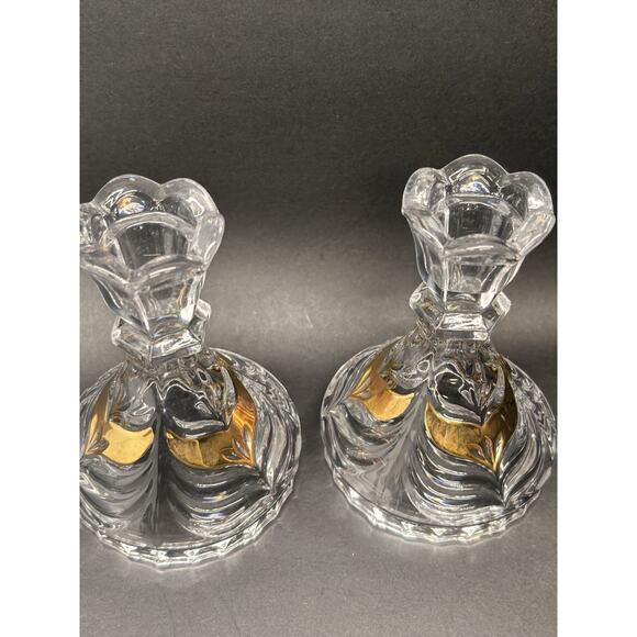Vintage Set Lead Crystal CANDLE HOLDERS Gold Wing Design Anna Hutte Bleikristall - Picture 3 of 16